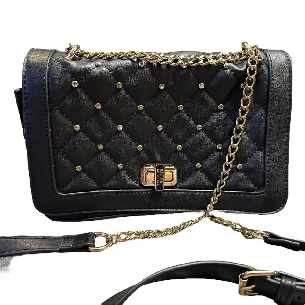 Badgley Mischka Black Quilted Crossbody Bag Gold Chain - Picture 1 of 11